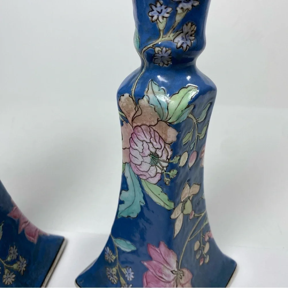 Vintage Chinoiserie Blue and White Floral Japan Ceramic Candlesticks Set of 2